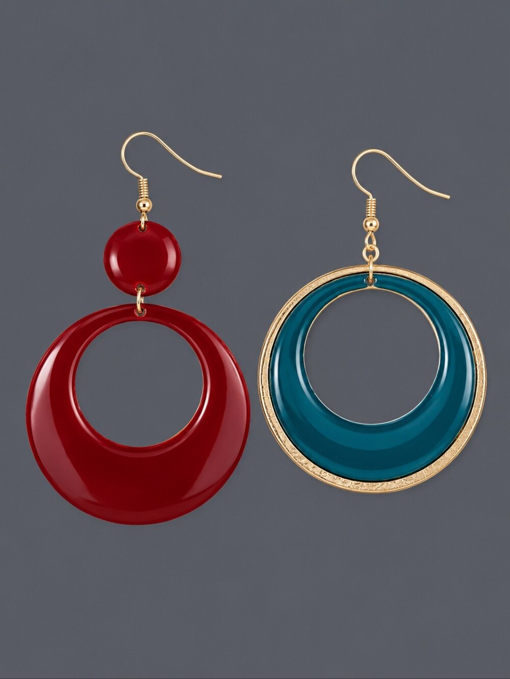 Vintage Mismatched Maroon & Teal Enamel Circles Dangle Hook Earrings